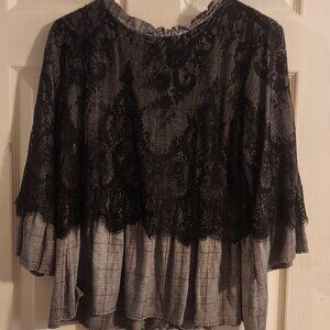 Black Lace & Grey Plaid Mixed Media Peplum Blouse - 3/4 Sleeve
